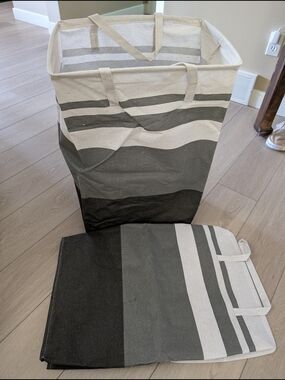 Striped Canvas Laundry Basket Tote - Black & Cream